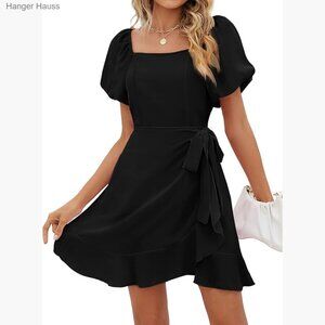 Puff Sleeve Square Neck Tie Waist Short Dress Lightweight Chiffon